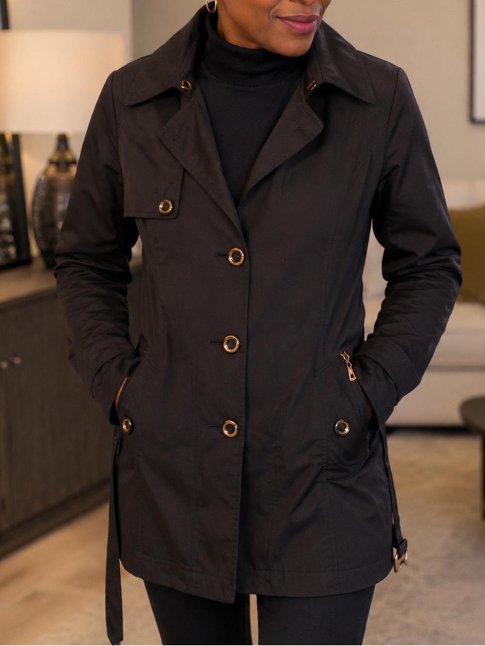 Le Chateau Black Trench Coat XS Tailored Button Front
